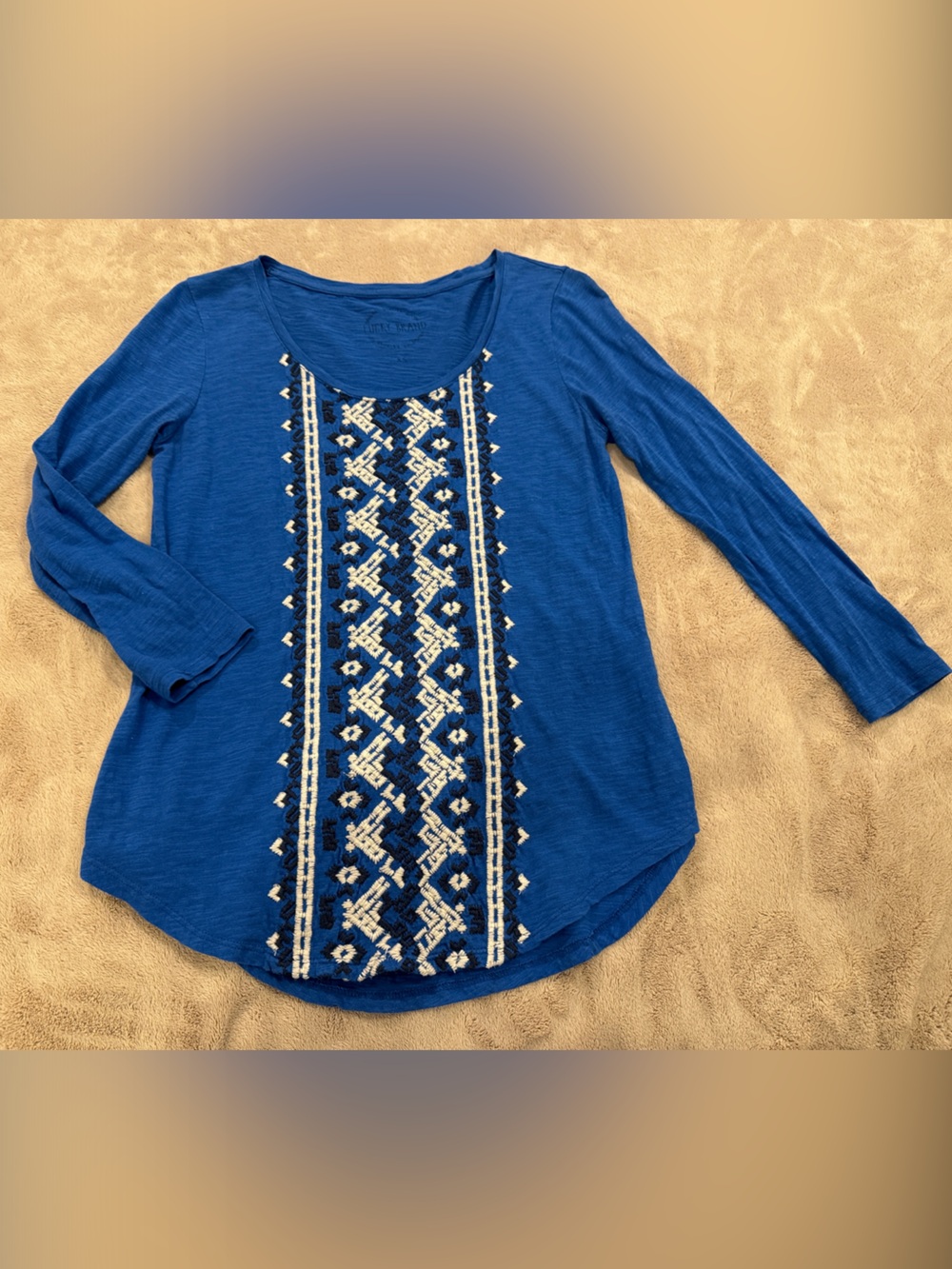 Lucky Brand Royal Blue Long-Sleeve Embroidered Top